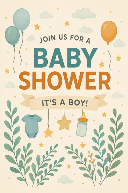 Illustration einer Einladung zur Babyshower für einen Jungen – mit Fläschchen, Sternen und Ballons