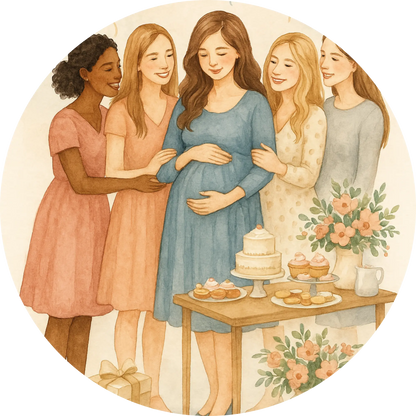  Babyshower-Feier mit Schwangeren im Freundeskreis – fröhliches Gruppenmotiv
