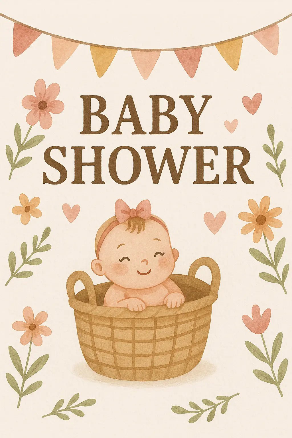 Illustration einer Einladung zur Babyparty für ein Mädchen – mit lächelndem Baby im Korb