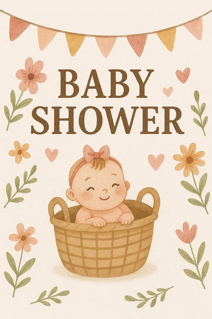 Illustration einer Einladung zur Babyparty für ein Mädchen – mit lächelndem Baby im Korb