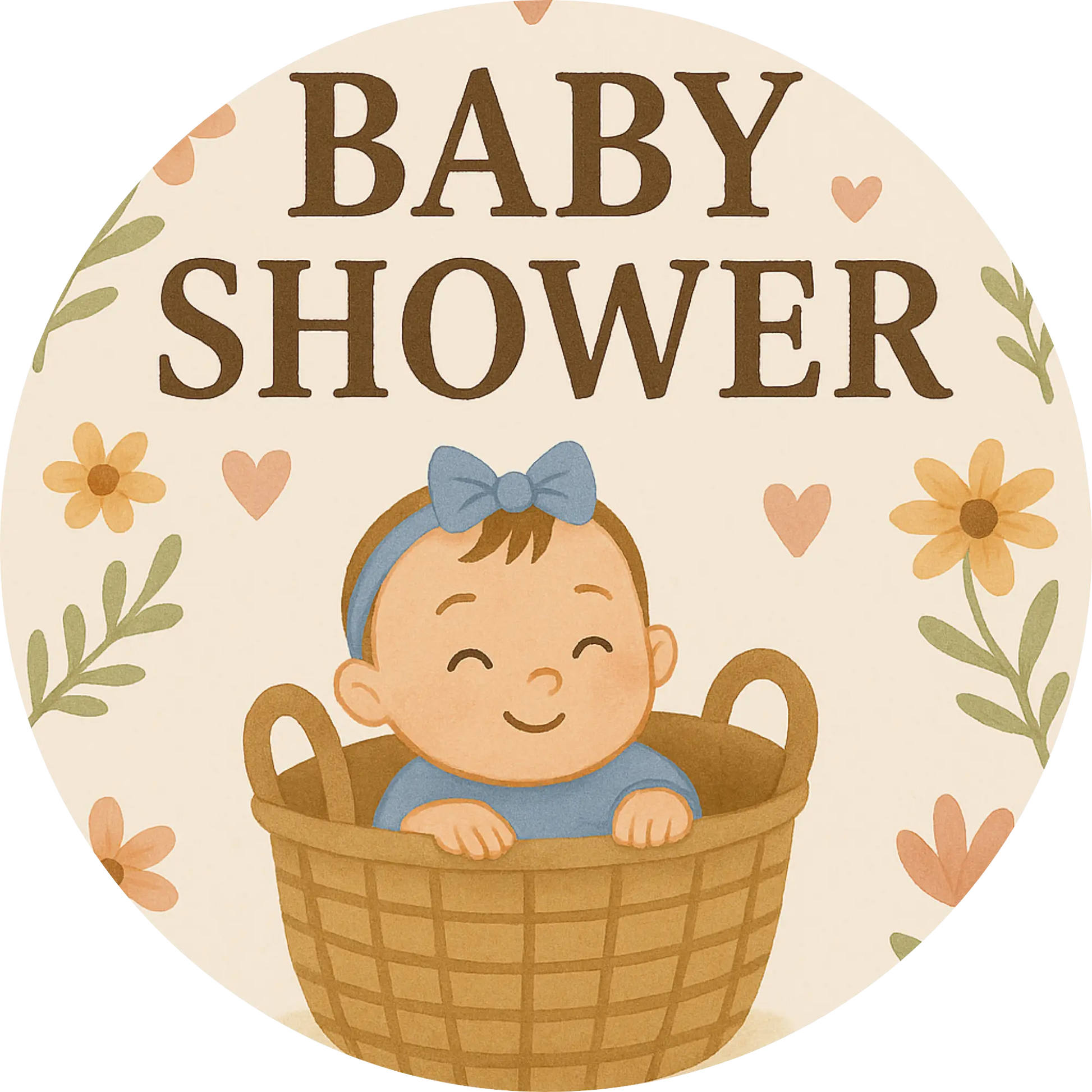 „Baby Shower“ mit Baby im Korb und Blättern – Vintage-inspiriertes Motiv