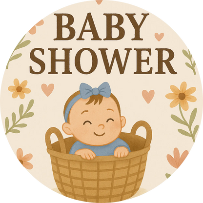 „Baby Shower“ mit Baby im Korb und Blättern – Vintage-inspiriertes Motiv