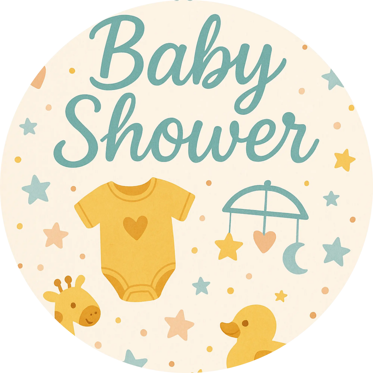  „Baby Shower“ mit gelbem Body und Sternen – schlichtes Design zur Babyparty