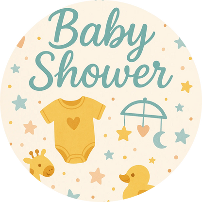  „Baby Shower“ mit gelbem Body und Sternen – schlichtes Design zur Babyparty