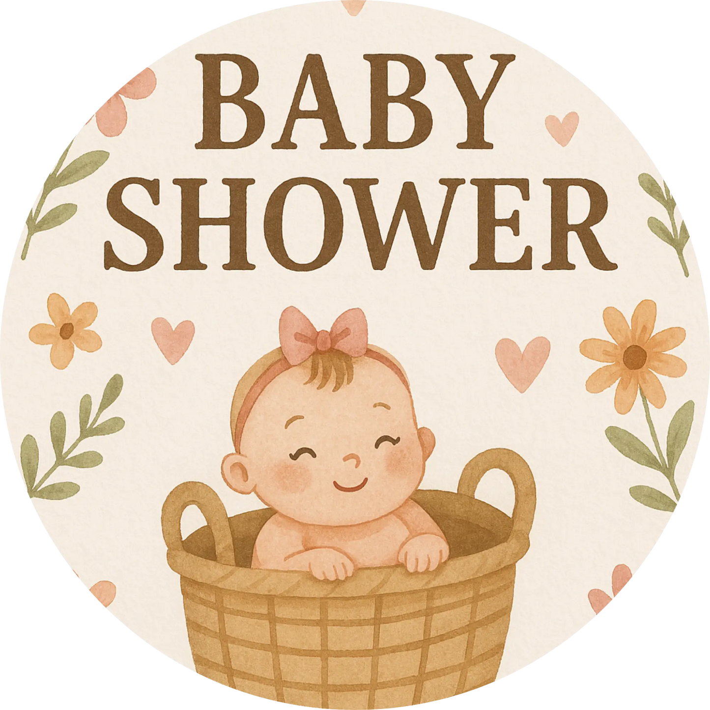 „Baby Shower“ mit fröhlichem Baby im Korb – neutral gehaltenes Babyparty-Design
