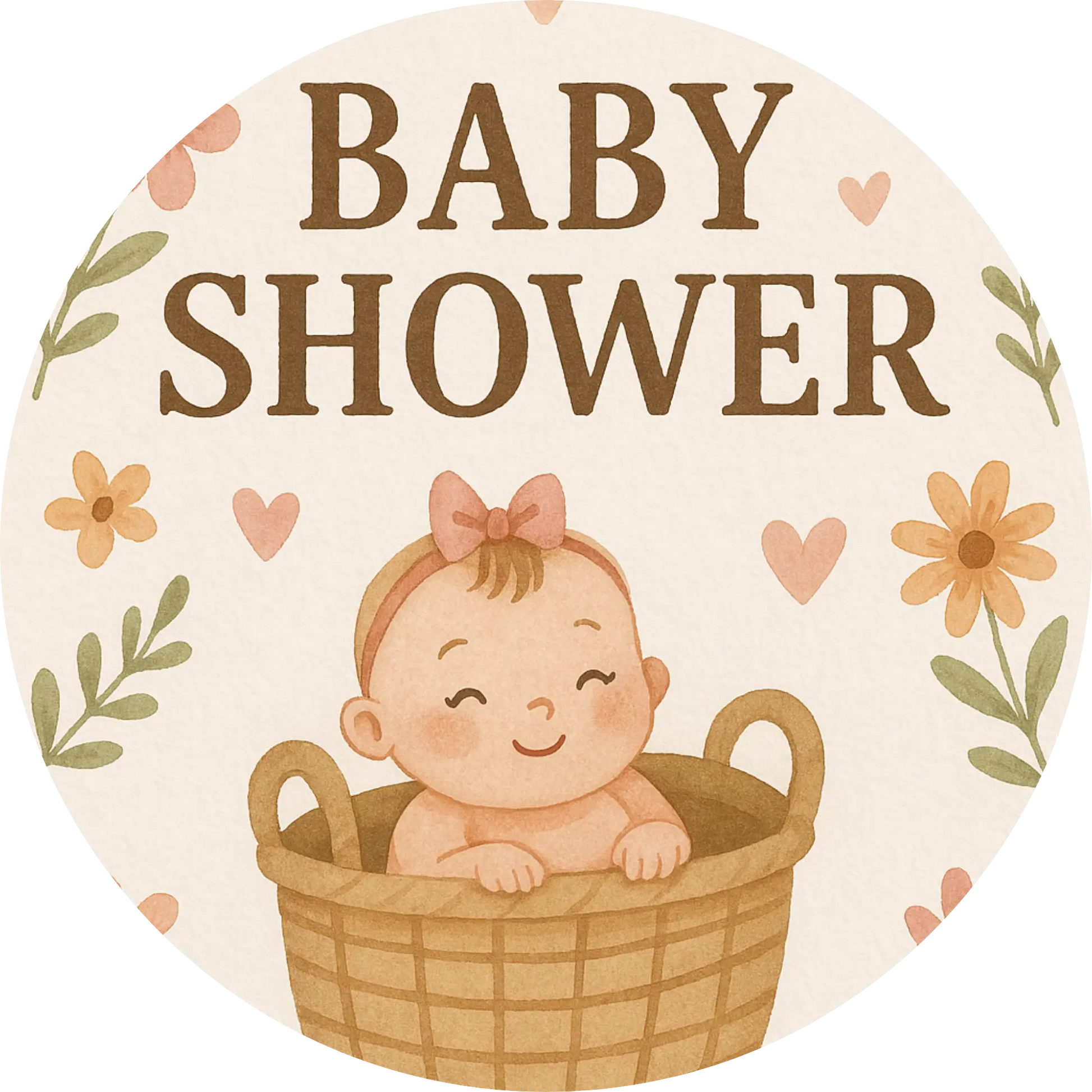 „Baby Shower“ mit fröhlichem Baby im Korb – neutral gehaltenes Babyparty-Design