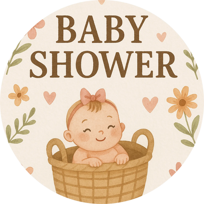 „Baby Shower“ mit fröhlichem Baby im Korb – neutral gehaltenes Babyparty-Design