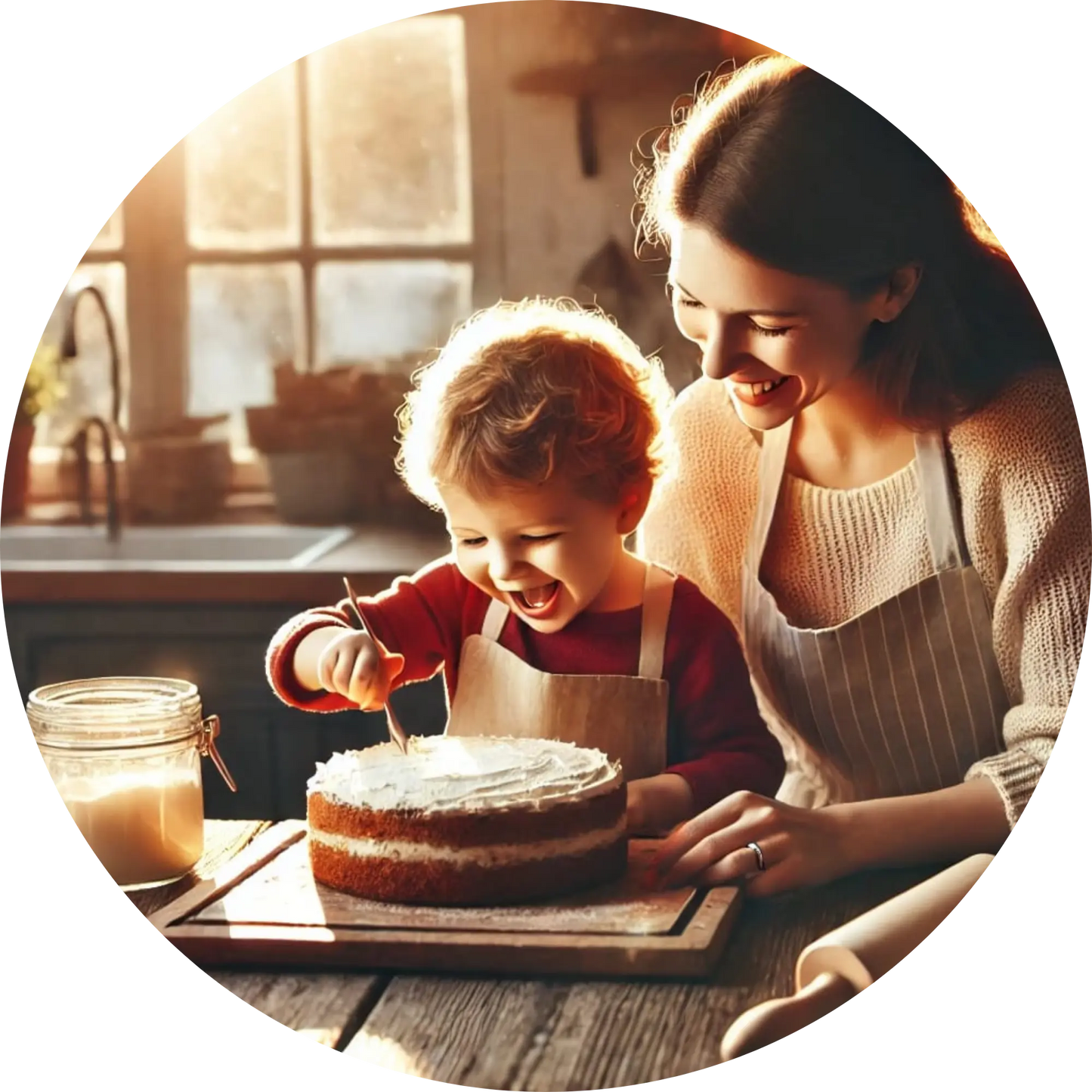 Mutter und Kind beim gemeinsamen Backen in heimeliger Küche.