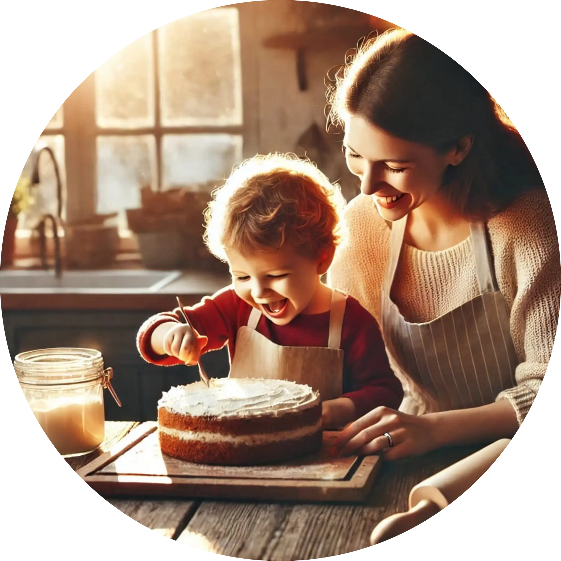 Mutter und Kind beim gemeinsamen Backen in heimeliger Küche.