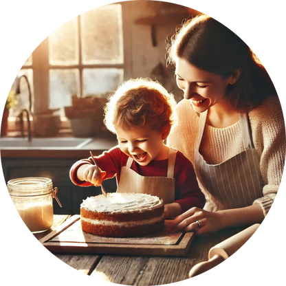 Mutter und Kind beim gemeinsamen Backen in heimeliger Küche.