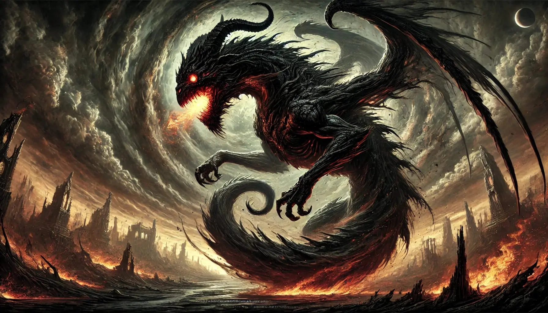 Furchterregender, feuerspeiender Drache im Hintergrund Ruinen, Feuer und eine Wolkenspirale