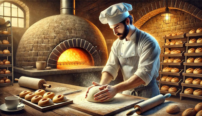 Bäcker in traditioneller Backstube beim Kneten von Teig, umgeben von frischen Brötchen und einem Steinofen – handwerklicher Beruf mit Atmosphäre.