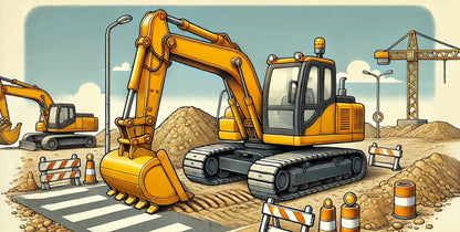 Zwei Bagger arbeiten auf einer Kiesfläche mit Rohbauten im Hintergrund.