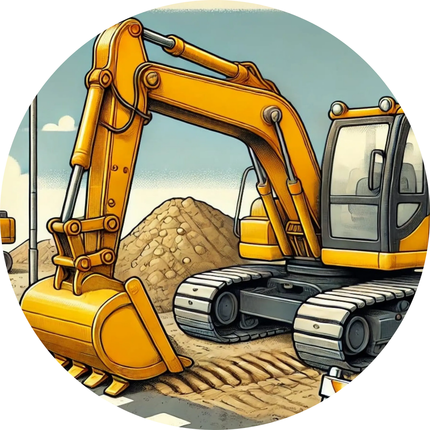 Gelber Bagger hebt Erde neben einem Lastwagen.