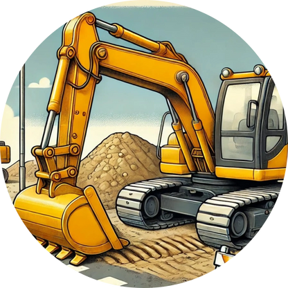 Gelber Bagger hebt Erde neben einem Lastwagen.