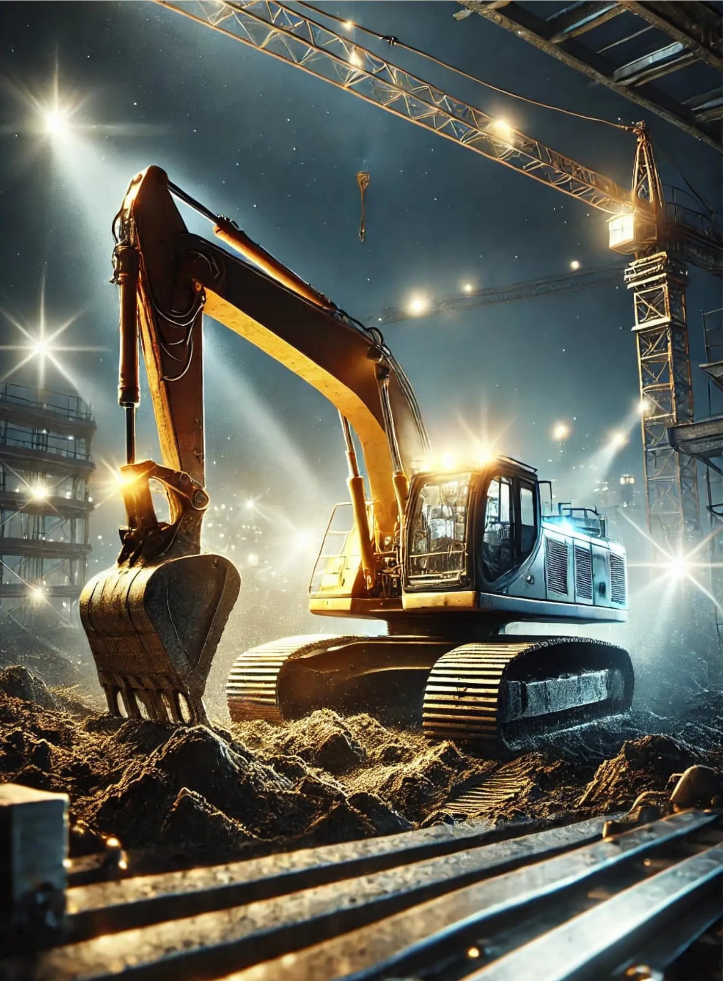 Bagger arbeitet nachts mit Scheinwerferlicht auf einer Großbaustelle.