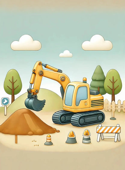 Kleiner Bagger auf Sandfläche bei klarem Himmel mit Hügeln.