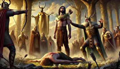Dramatische Szene aus der nordischen Mythologie: Der Gott Balder, mit Pfeilen im Körper, steht gefesselt im Zentrum, während ein zweiter Mann tödlich getroffen am Boden liegt. Umgeben von Göttern in goldenen Rüstungen und Hörnerhelmen, zielt ein Bogenschütze auf ihn – Darstellung von Balders Tod durch Lokis List.