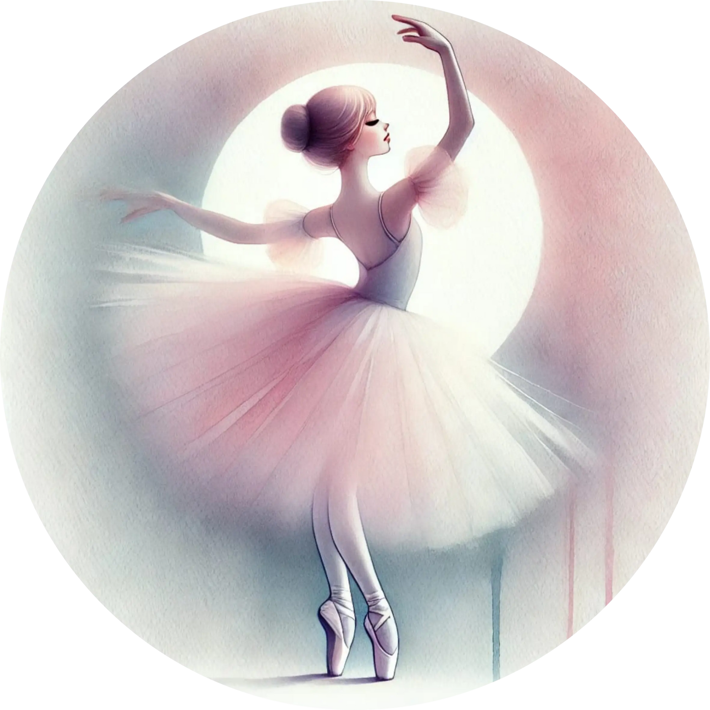 Elegante Tänzerin in weißem Tutu im Spotlight auf der Bühne – schwungvolle Pose in sanften Farben