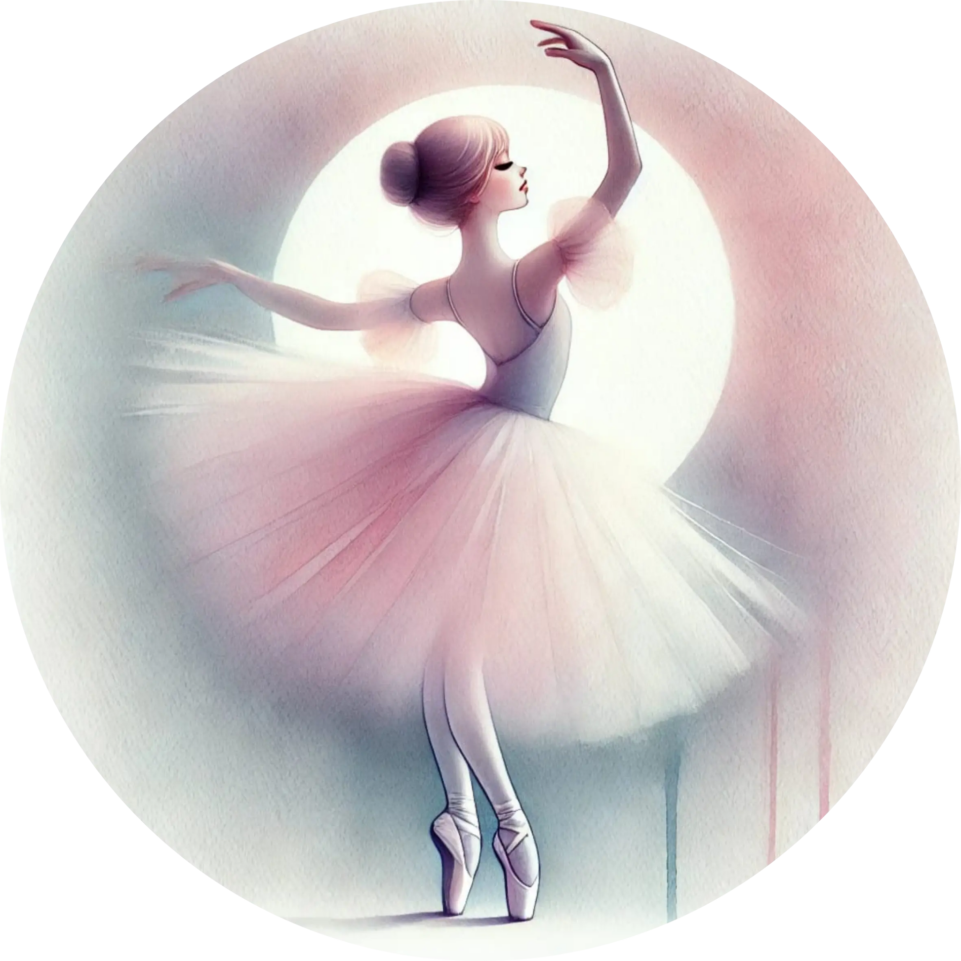 Elegante Tänzerin in weißem Tutu im Spotlight auf der Bühne – schwungvolle Pose in sanften Farben