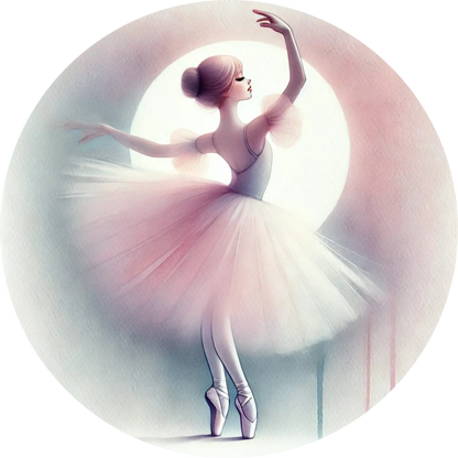 Elegante Tänzerin in weißem Tutu im Spotlight auf der Bühne – schwungvolle Pose in sanften Farben