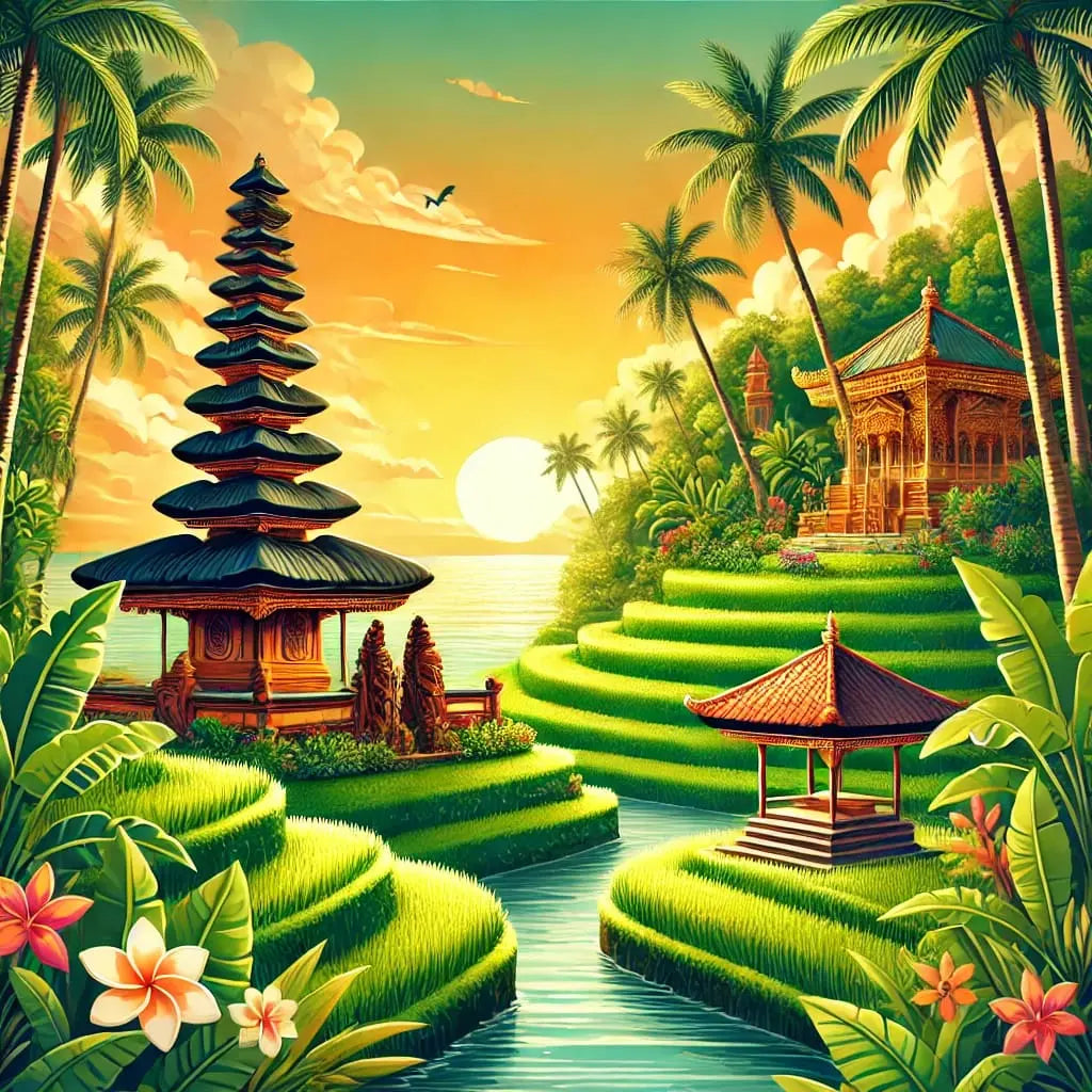 Tropische Landschaft mit balinesischem Tempel und Gärten – Traumhaftes Inselmotiv mit Stufen, Palmen und exotischer Architektur.