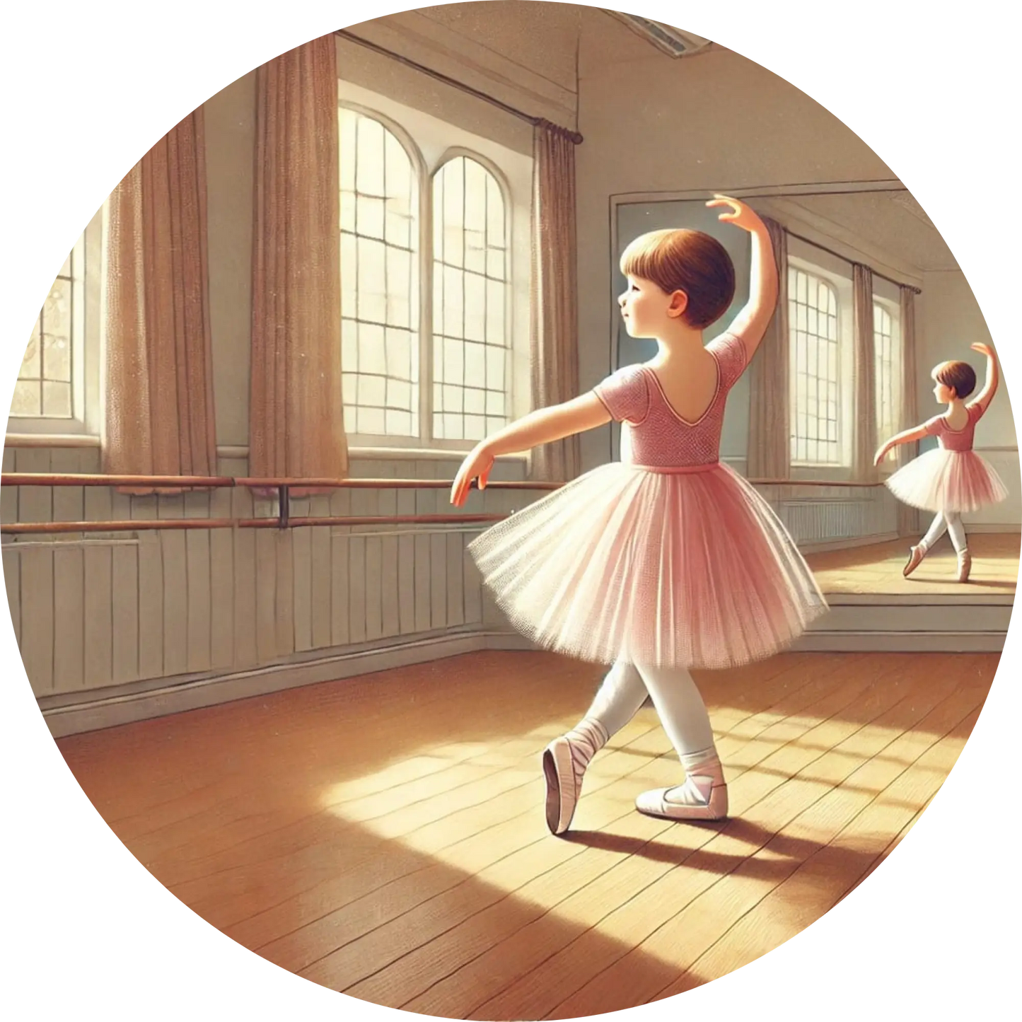 Klassische Ballettszene mit Mädchen in rosa Tutu, das anmutig im Tanzsaal posiert – realistischer Stil