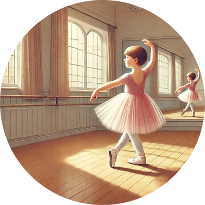 Klassische Ballettszene mit Mädchen in rosa Tutu, das anmutig im Tanzsaal posiert – realistischer Stil