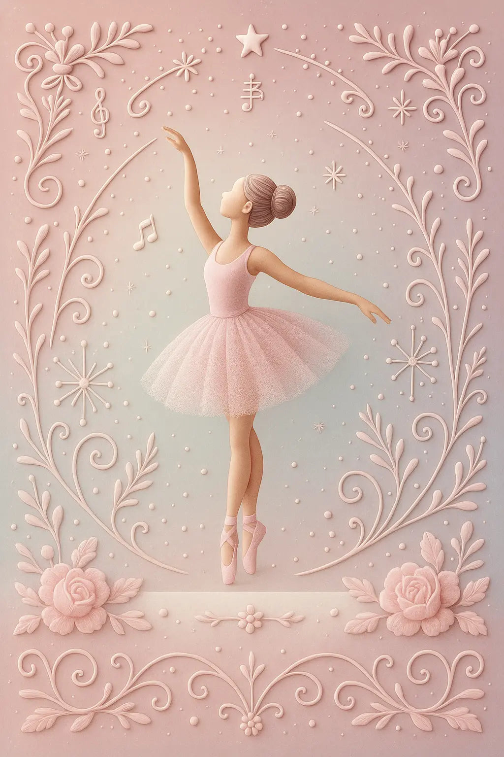 Klassische Ballerina auf rosafarbenem Bühnenhintergrund mit Blumen, Sternen und Musiknoten – märchenhaft verspielt.