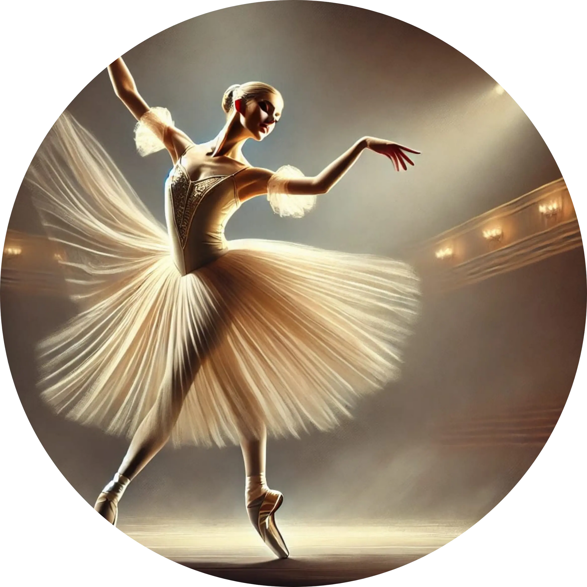 Junge Frau in weißem Tutu in Balance-Pose im Theater – realistisches Lichtspiel und ausdrucksstarkes Motiv