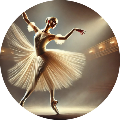 Junge Frau in weißem Tutu in Balance-Pose im Theater – realistisches Lichtspiel und ausdrucksstarkes Motiv