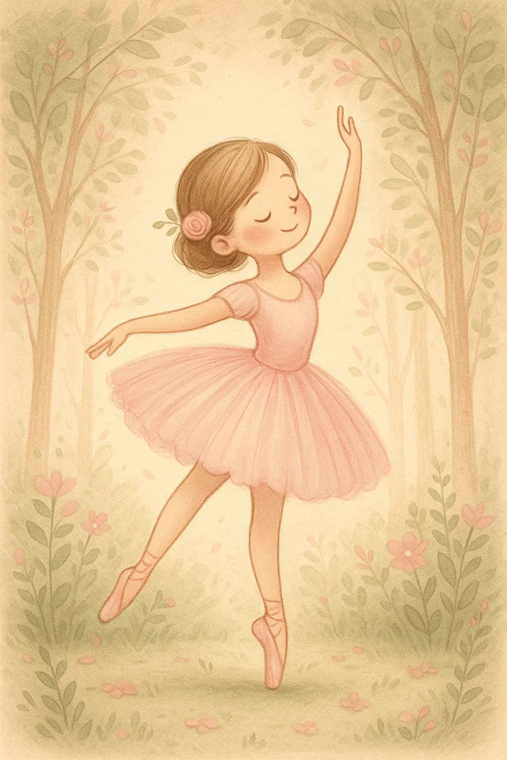 Zarte Ballerina im rosa Tutu tanzt anmutig im Wald voller Blumen – pastellfarbene Szene im verträumten Storybook-Stil.