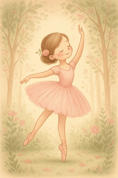 Zarte Ballerina im rosa Tutu tanzt anmutig im Wald voller Blumen – pastellfarbene Szene im verträumten Storybook-Stil.