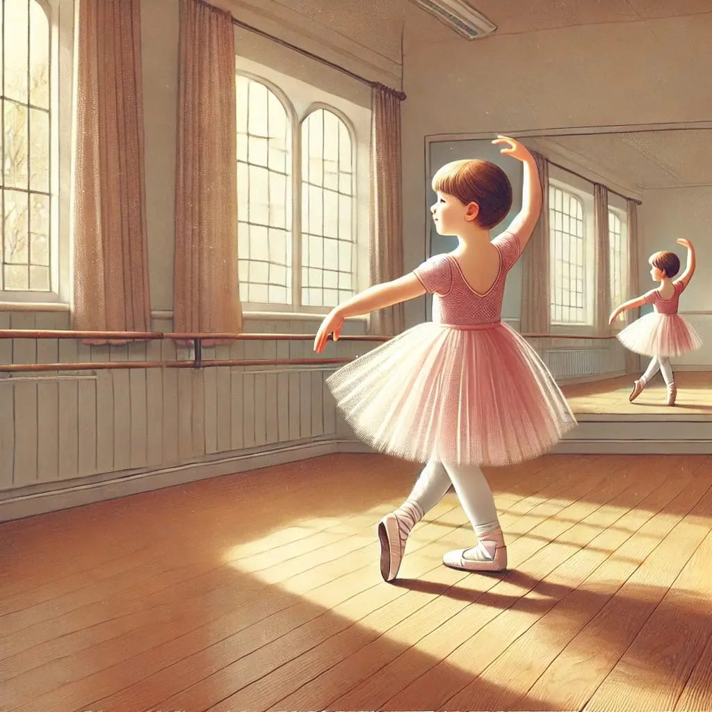 Mädchen übt Ballett in einem hellen Tanzstudio mit Holzfußboden – realistische Szene.