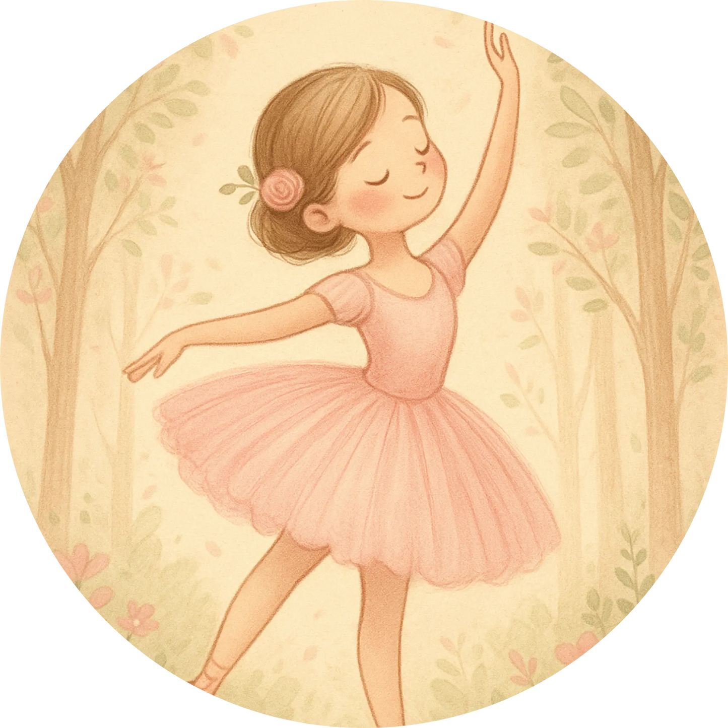 Illustration eines jungen Ballettmädchens in rosa Kleid auf hellem Hintergrund – skizzenhaft und freundlich