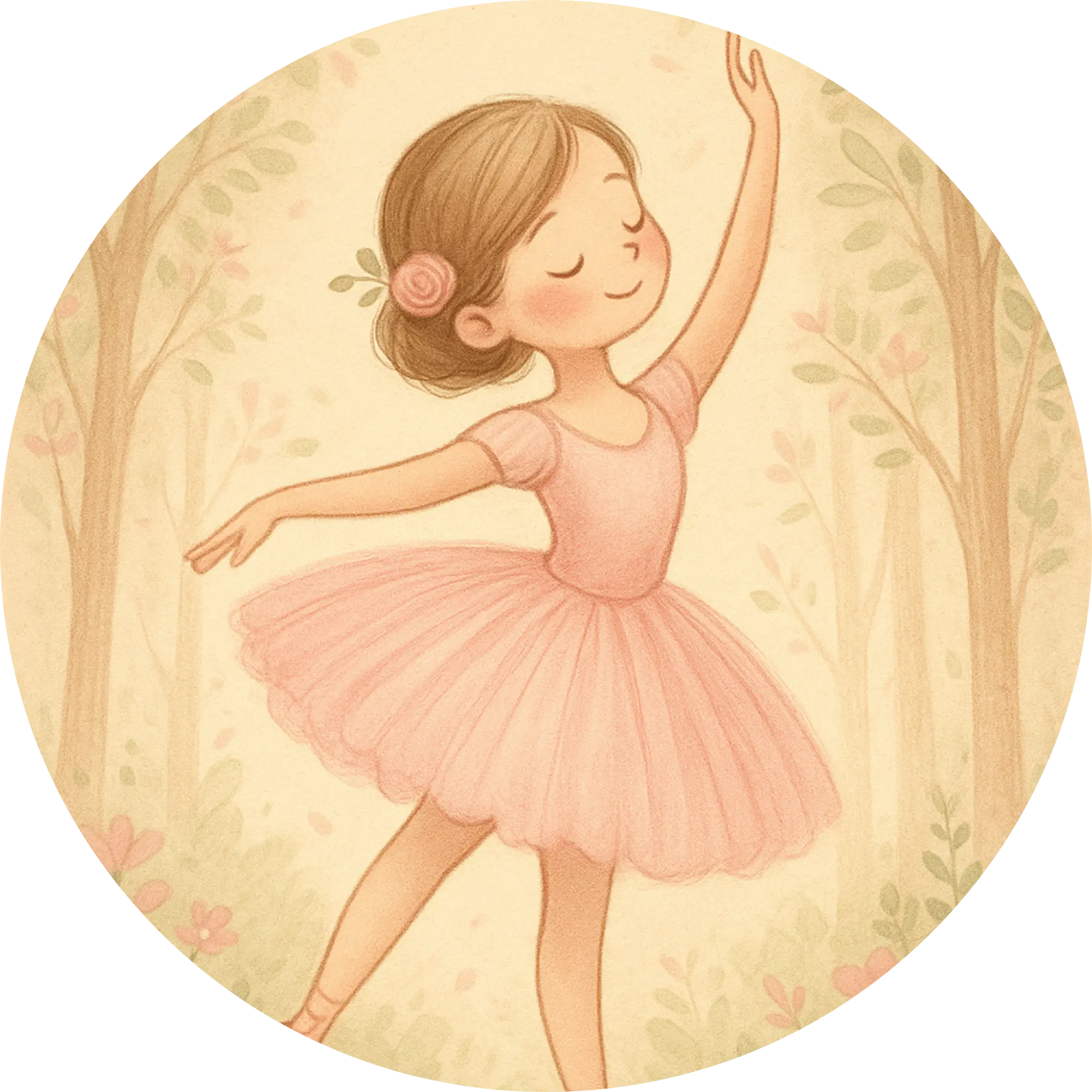 Illustration eines jungen Ballettmädchens in rosa Kleid auf hellem Hintergrund – skizzenhaft und freundlich