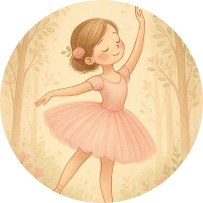 Illustration eines jungen Ballettmädchens in rosa Kleid auf hellem Hintergrund – skizzenhaft und freundlich