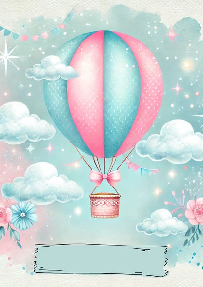  Illustration eines rosa-blauen Heißluftballons mit Schleife im Himmel, umgeben von Wolken, Blumen und Sternen – zarter Pastellstil für Gender Reveal oder Babyparty.