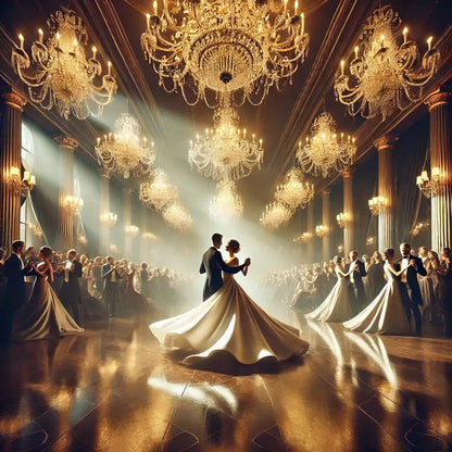 Eleganter Hochzeitstanz in einem prunkvollen Ballsaal mit funkelnden Kronleuchtern