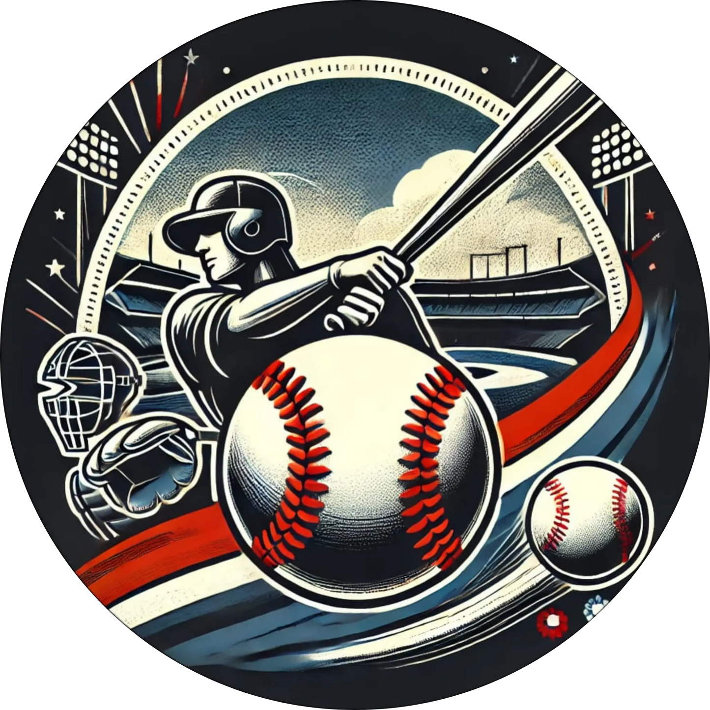 Baseball- und American-Football-Equipment dynamisch arrangiert auf abstraktem Hintergrund.