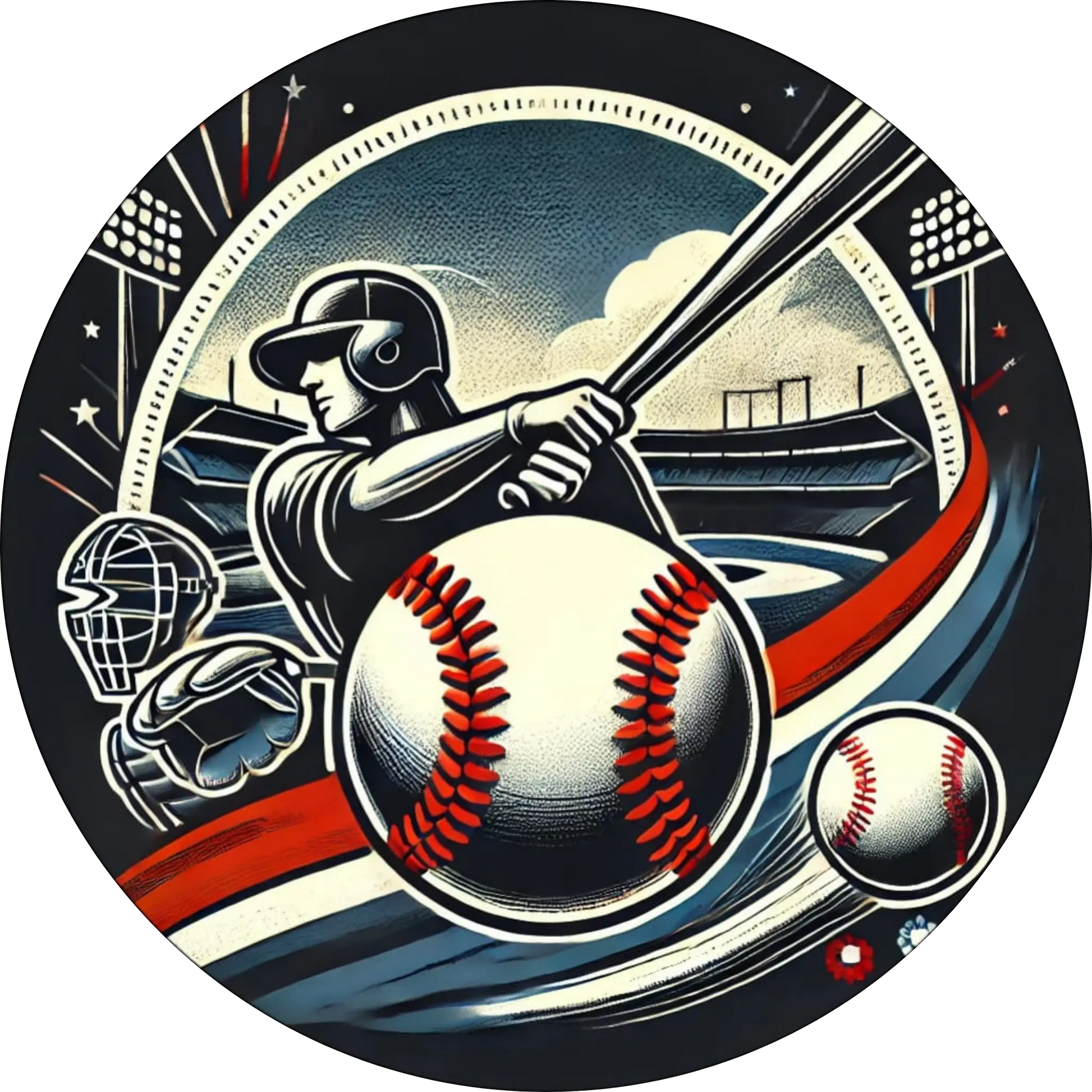 Baseball- und American-Football-Equipment dynamisch arrangiert auf abstraktem Hintergrund.