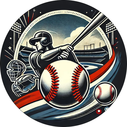 Baseball- und American-Football-Equipment dynamisch arrangiert auf abstraktem Hintergrund.