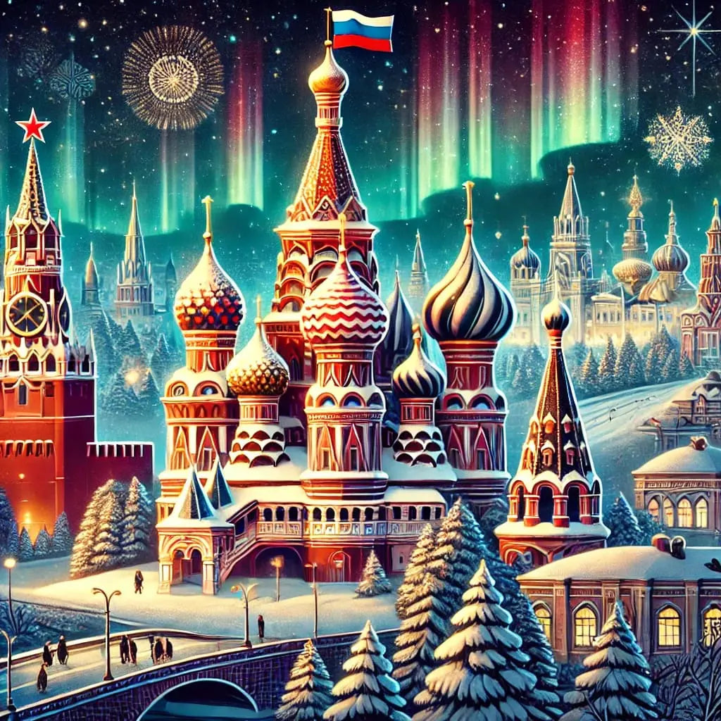 Farbintensive Illustration von Moskau mit verschneiter Basilius-Kathedrale und Nachtstimmung – märchenhaft und detailreich.