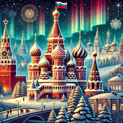 Farbintensive Illustration von Moskau mit verschneiter Basilius-Kathedrale und Nachtstimmung – märchenhaft und detailreich.