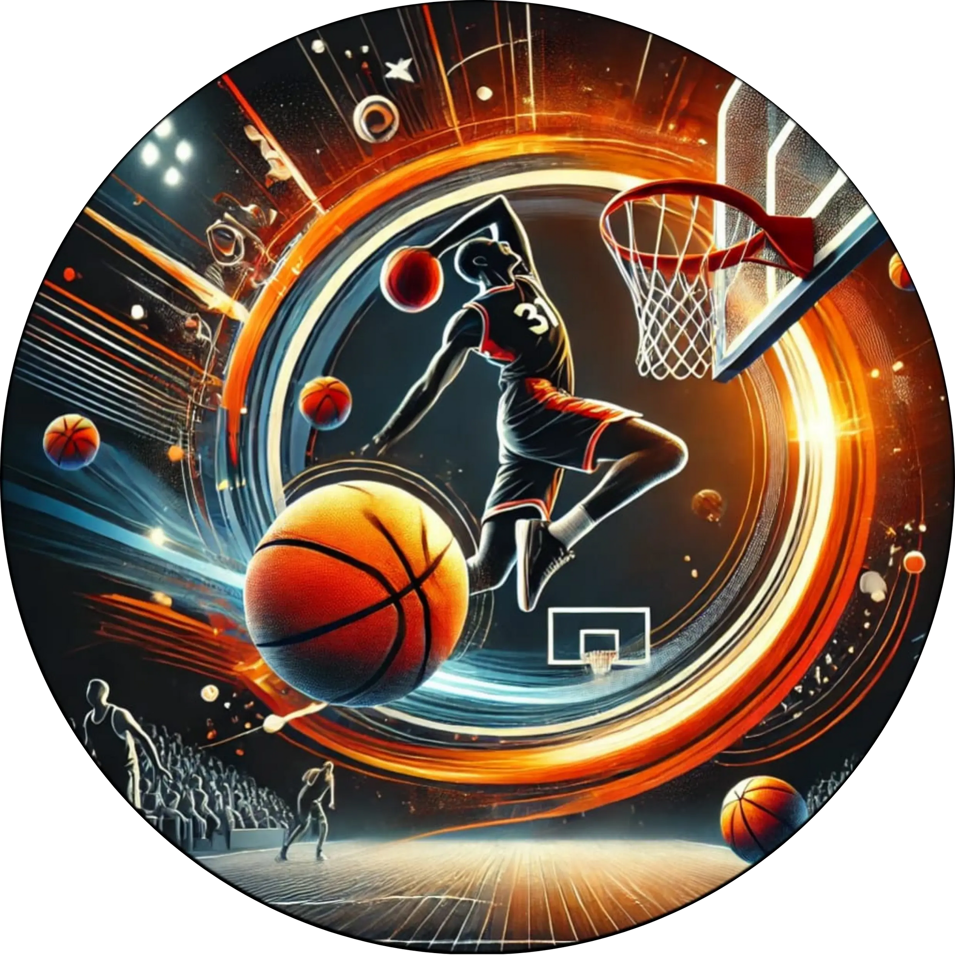 Basketball Equipment dynamisch arrangiert auf abstraktem Hintergrund.