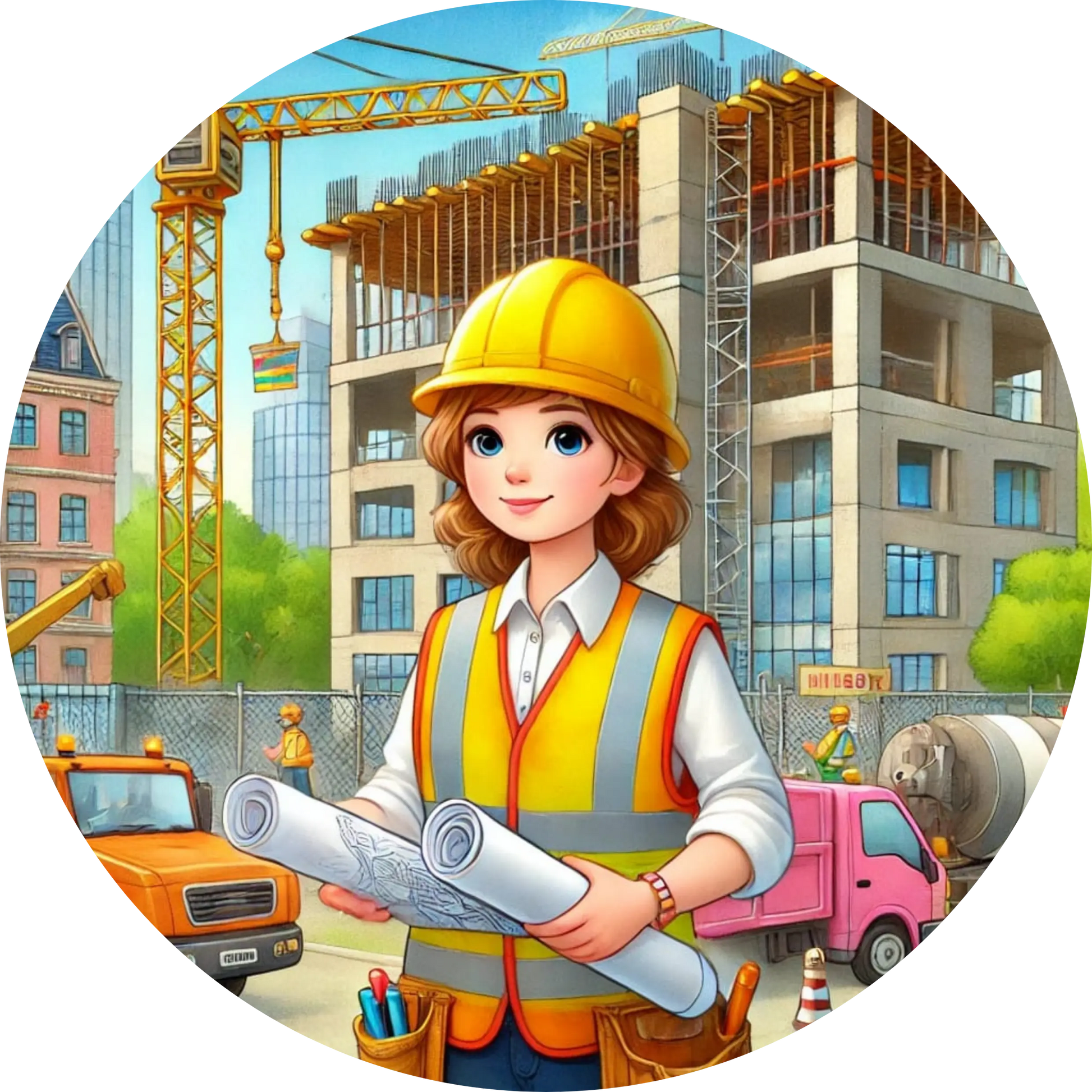 Eine Bauarbeiterin mit Helm und Bauplänen vor einem Rohbau – fröhlich lächelnd, im Hintergrund ein Kran.