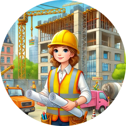 Eine Bauarbeiterin mit Helm und Bauplänen vor einem Rohbau – fröhlich lächelnd, im Hintergrund ein Kran.