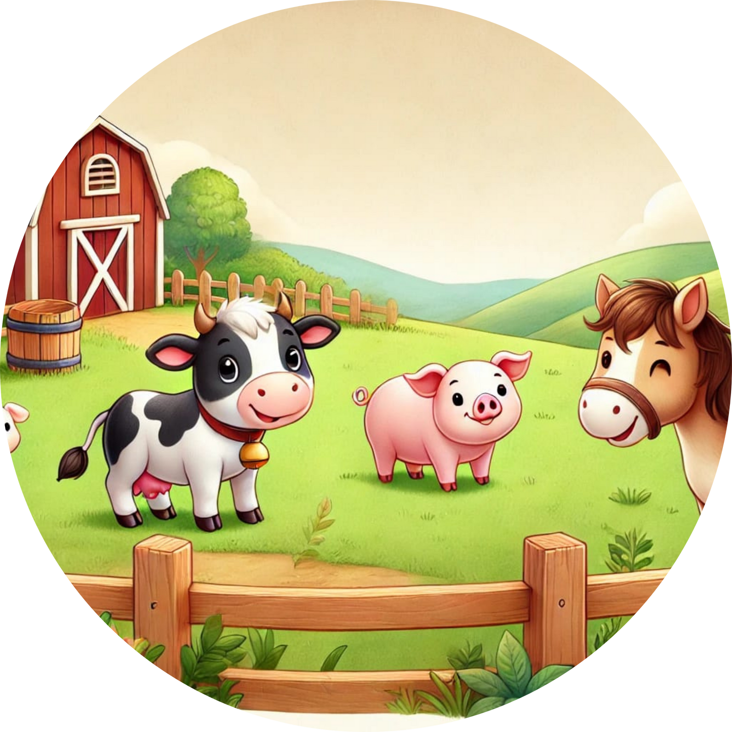 Kuh, Schwein und Pferd auf einer Wiese vor einem Bauernhof im Comic-Stil.