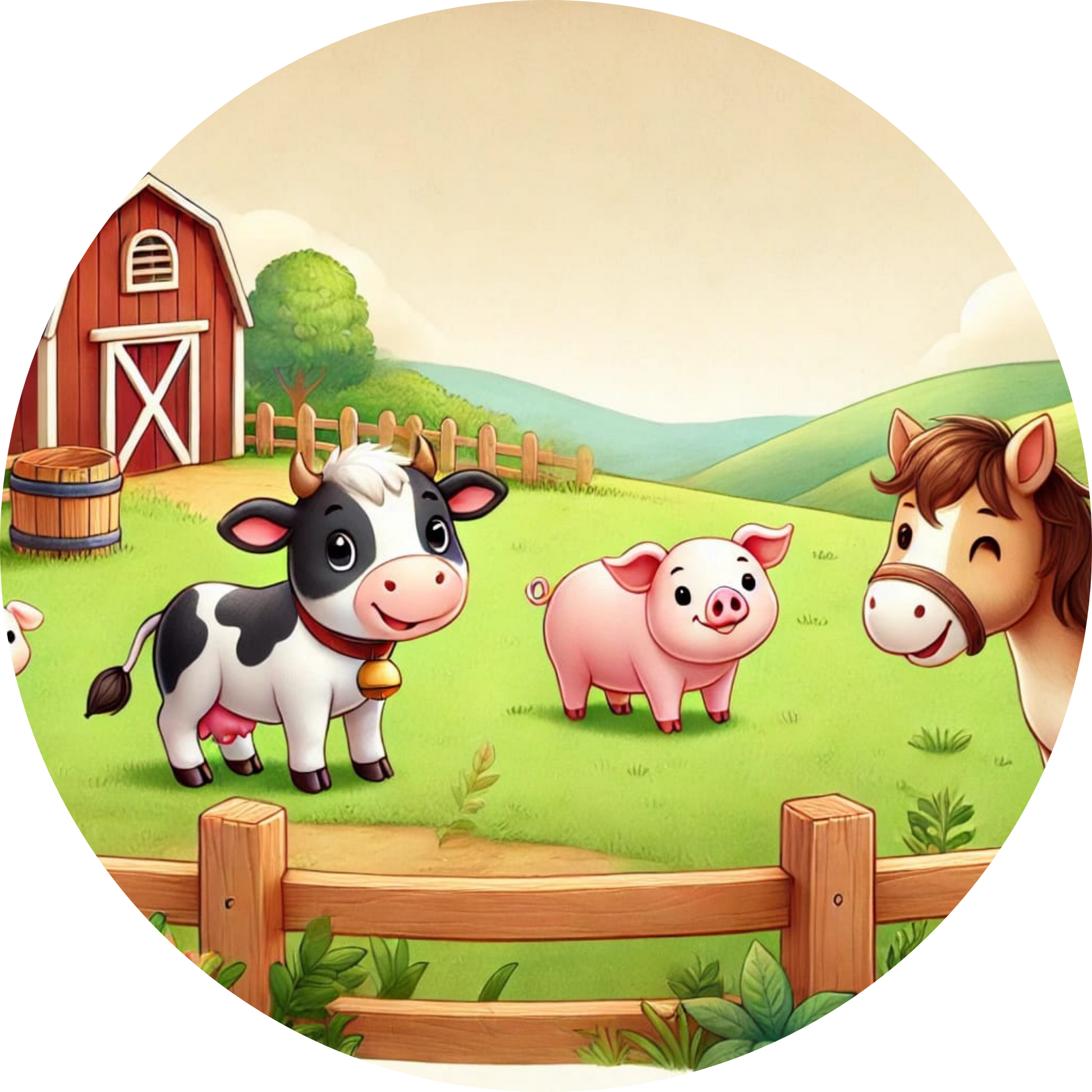 Kuh, Schwein und Pferd auf einer Wiese vor einem Bauernhof im Comic-Stil.