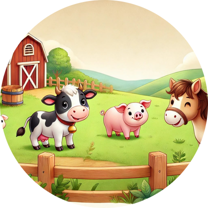 Kuh, Schwein und Pferd auf einer Wiese vor einem Bauernhof im Comic-Stil.